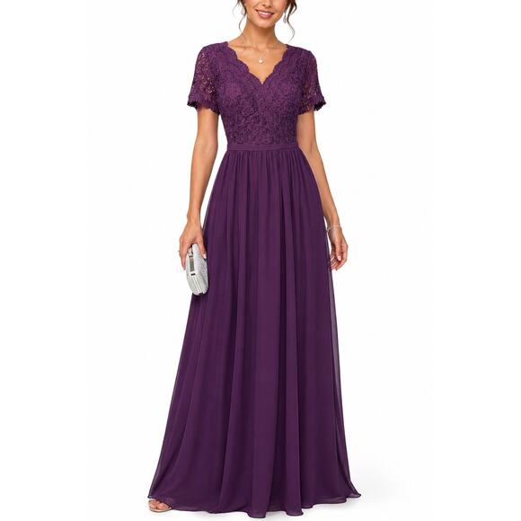 JJ's House Dresses & Skirts - JJ’s House Purple Lace Chiffon Formal Gown Size 10 V-Neck Floor Length Dress